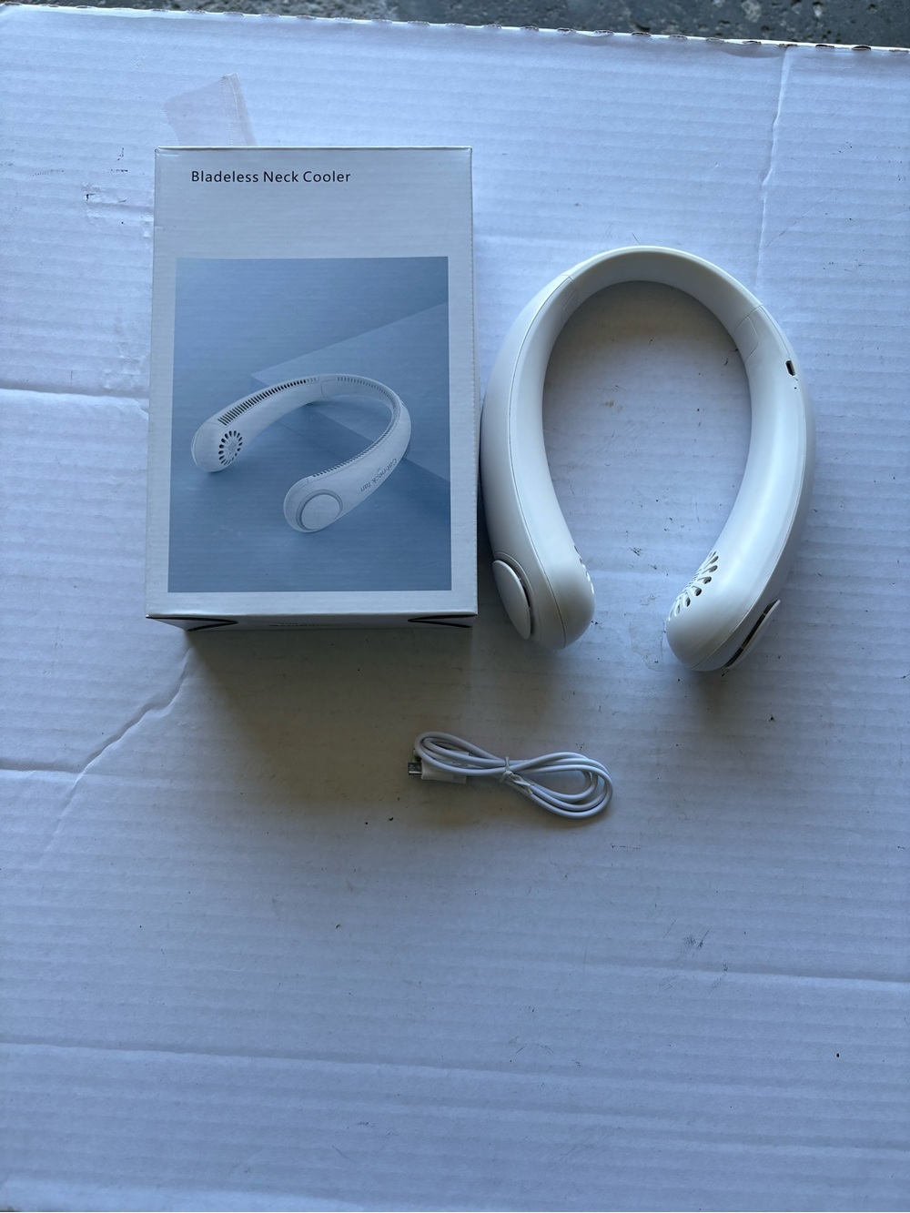 White Bladeless Neck Cooler Fan - Hands-Free Cooling
